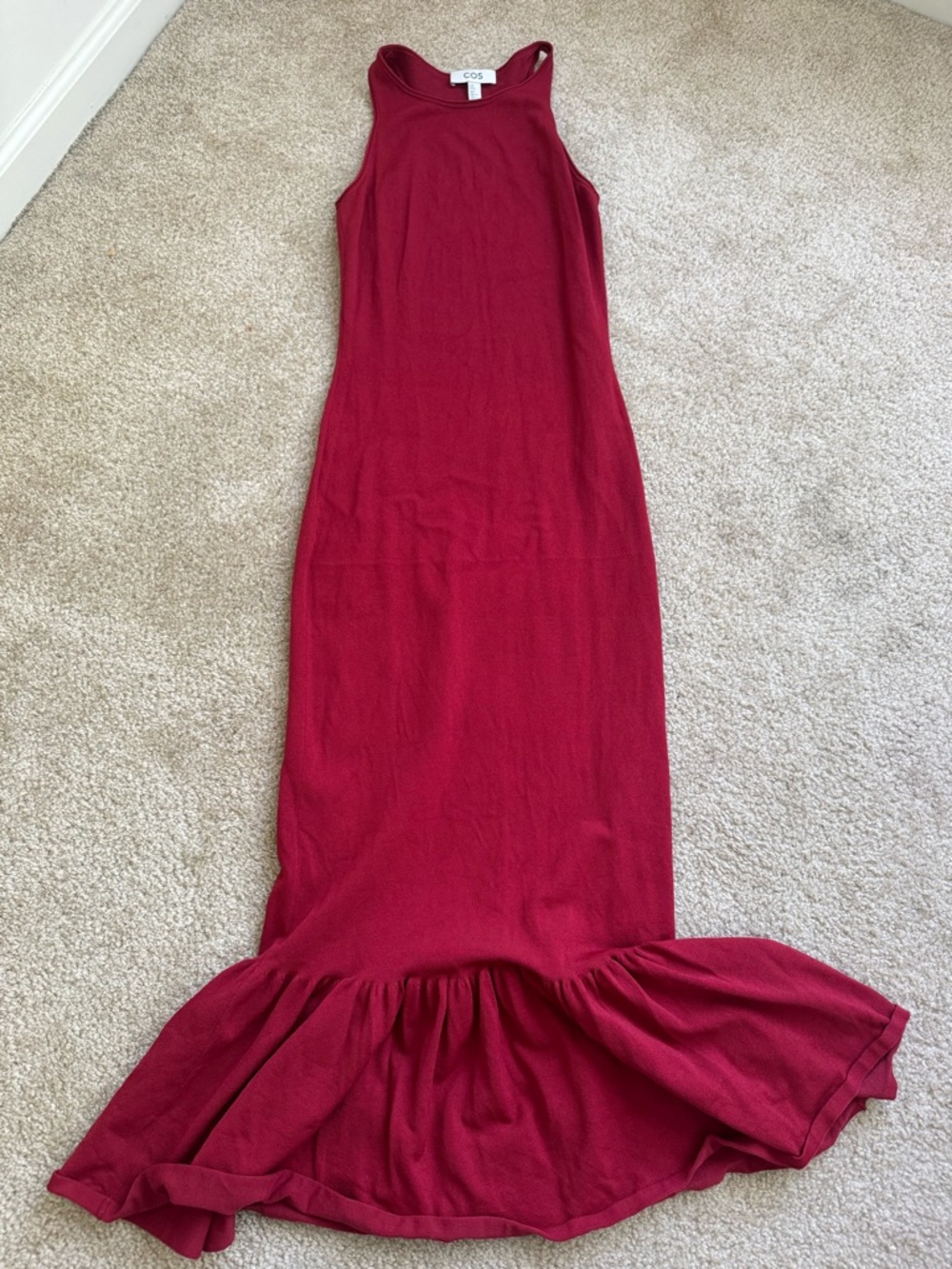 COS Red Backless Maxi Dress with Ruffled Hem